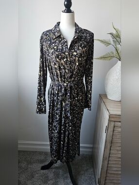 Joe Fresh Black Floral Long-Sleeve Midi Shirt Dress